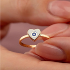 14K Solid Gold Heart Evil Eye Ring Boho Enamel Protection
