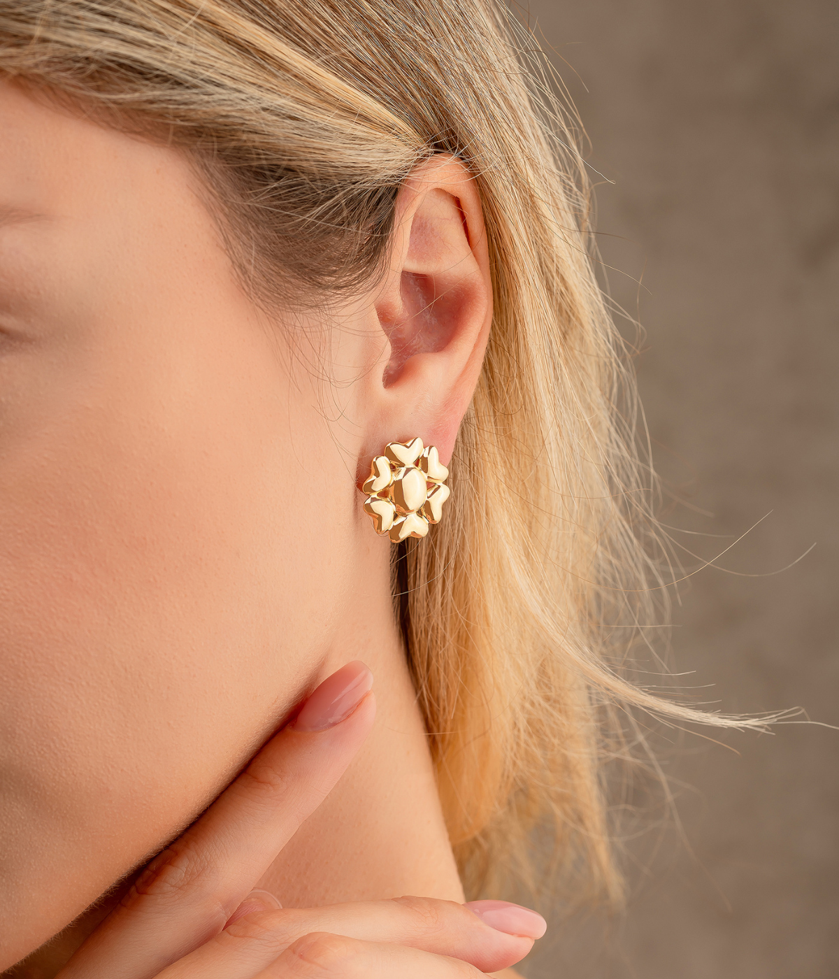 14K Solid Gold Heart Flower Omega Back Post Earring - Earrings