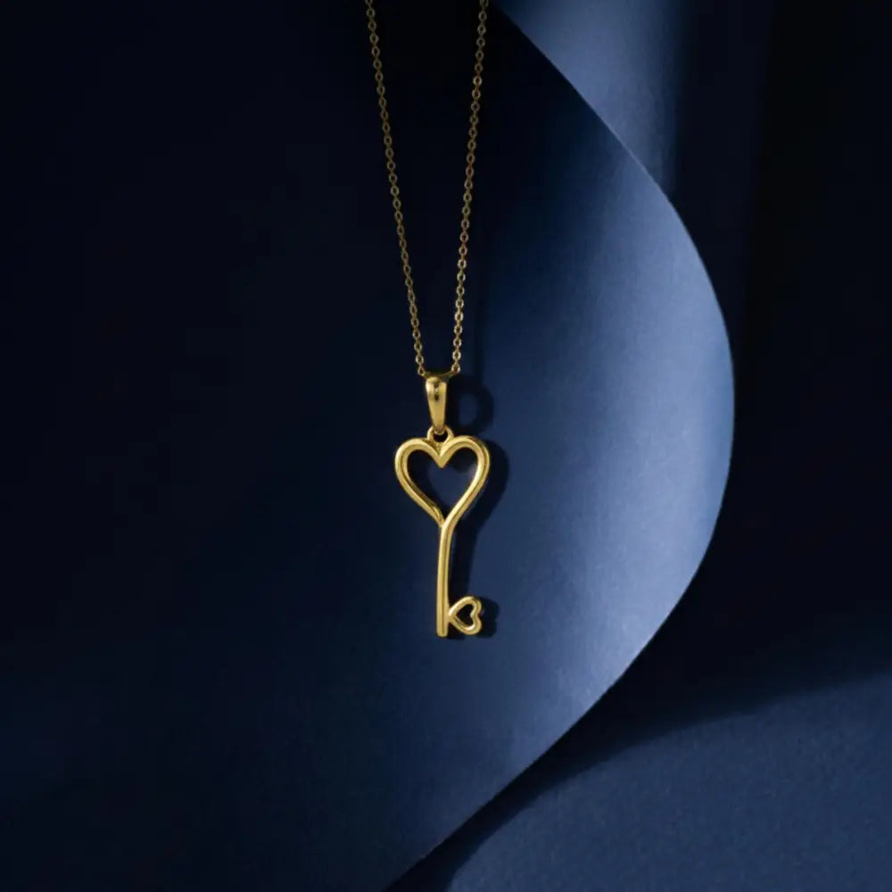 14K Solid Gold Heart Key Pendant Necklace Romantic – Gold of America