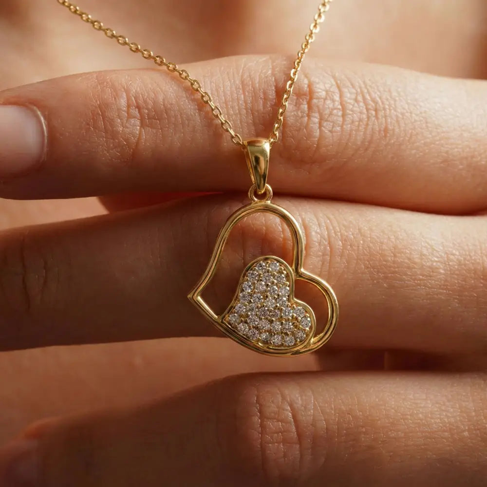 14K Solid Gold Heart Necklace Sparkling Pave Love Pendant for Her Dainty Romantic Jewelry Anniversary Gift for Wife