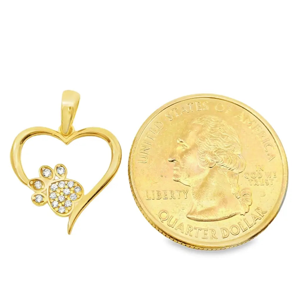 14K Solid Gold Heart Paw Print Necklace CZ Simulated Diamond Pet Lover Jewelry Dog Cat Mom Memorial Gift Dainty Sparkle