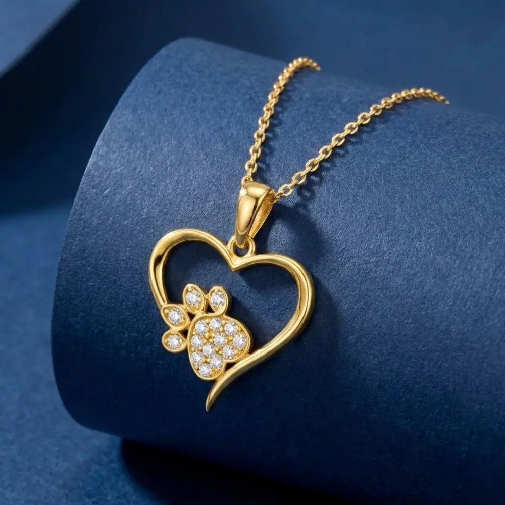14K Solid Gold Heart Paw Print Necklace CZ Simulated Diamond Pet Lover Jewelry Dog Cat Mom Memorial Gift Dainty Sparkle