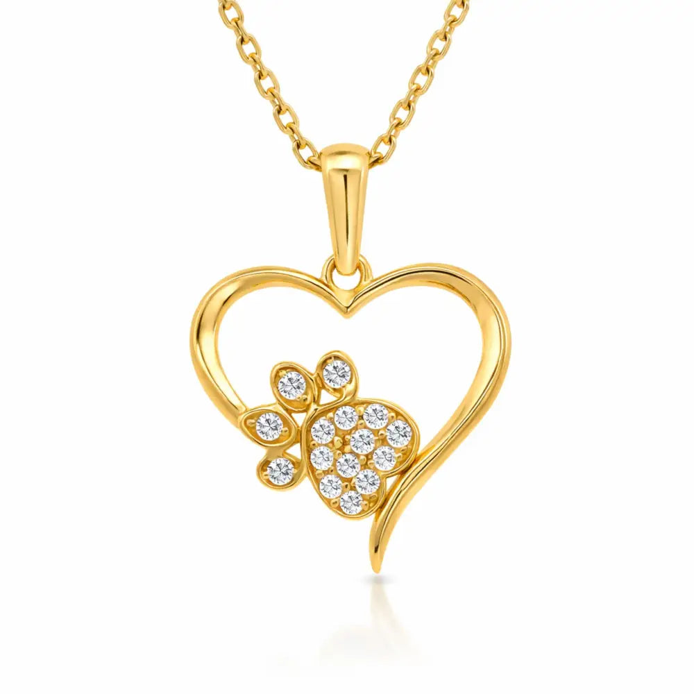 14K Solid Gold Heart Paw Print Necklace CZ Simulated Diamond Pet Lover Jewelry Dog Cat Mom Memorial Gift Dainty Sparkle