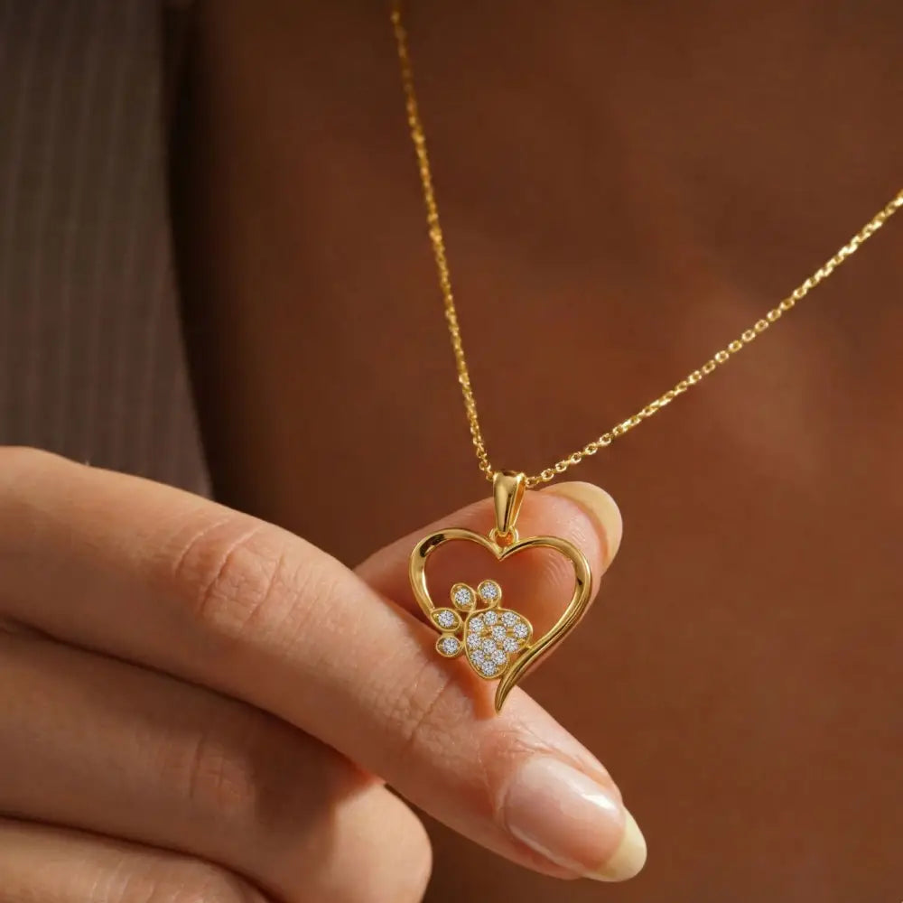 14K Solid Gold Heart Paw Print Necklace CZ Simulated Diamond Pet Lover Jewelry Dog Cat Mom Memorial Gift Dainty Sparkle