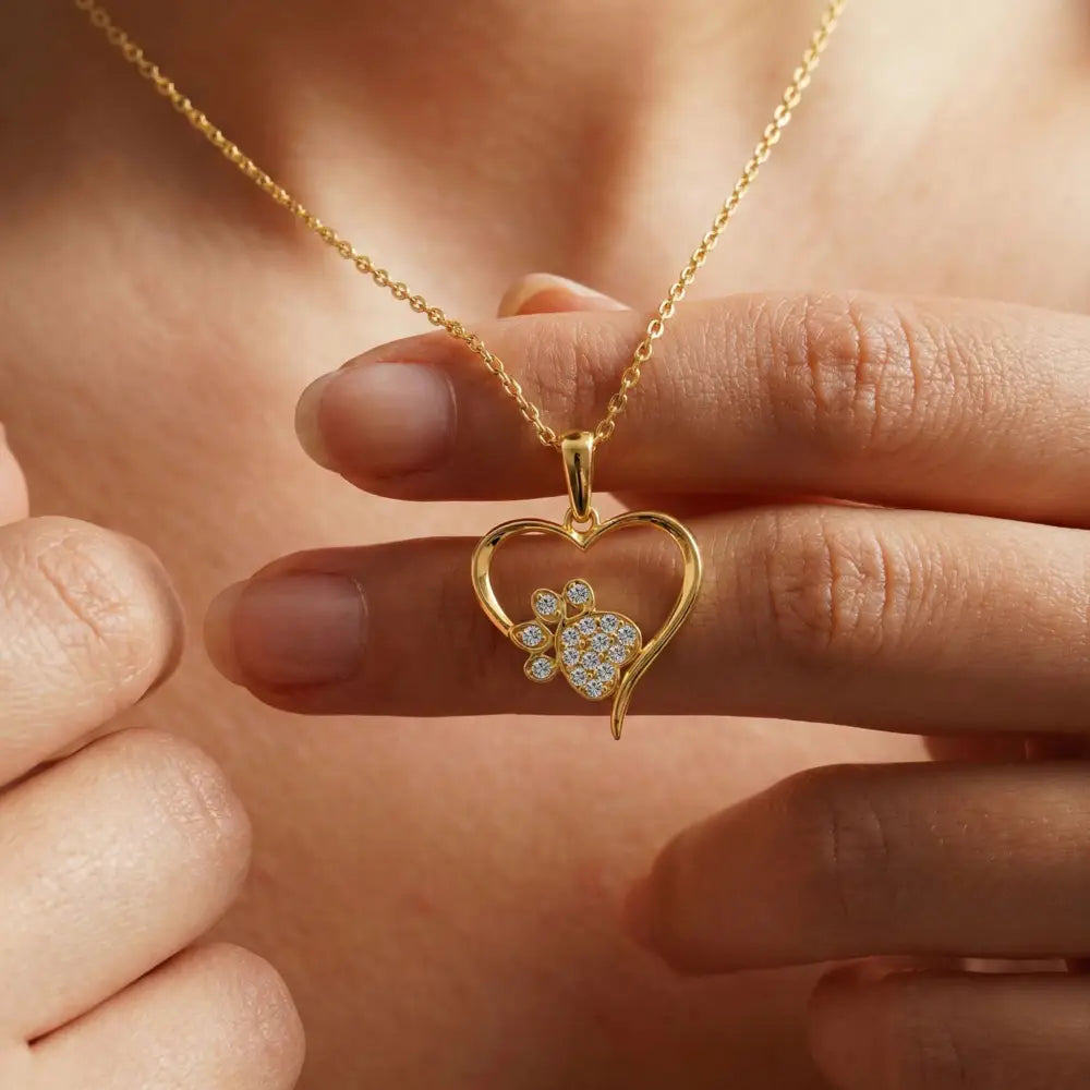 14K Solid Gold Heart Paw Print Necklace CZ Simulated Diamond Pet Lover Jewelry Dog Cat Mom Memorial Gift Dainty Sparkle