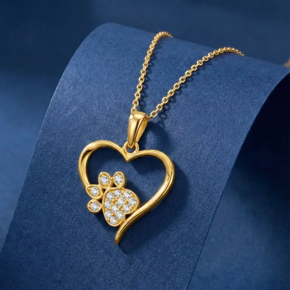 14K Solid Gold Heart Paw Print Necklace CZ Simulated Diamond Pet Lover Jewelry Dog Cat Mom Memorial Gift Dainty Sparkle