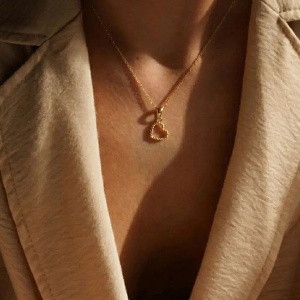 14K Solid Gold Heart Pendant Necklace Twisted Rope Design Handmade Jewelry - Pendants