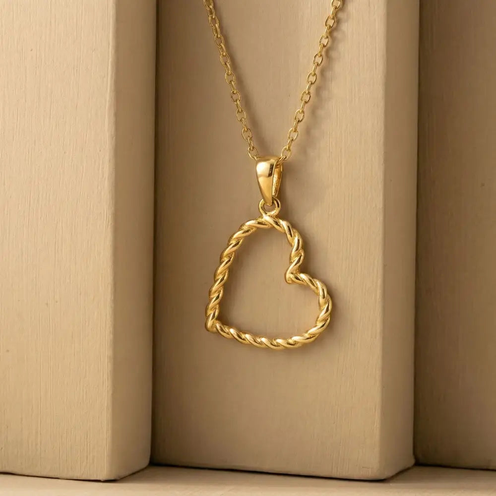 14K Solid Gold Heart Pendant Necklace Twisted Rope Design Handmade Jewelry - Pendants