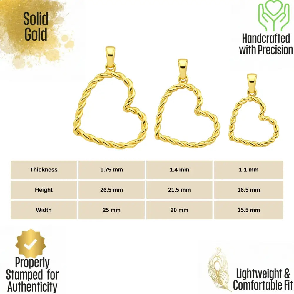 14K Solid Gold Heart Pendant Necklace Twisted Rope Design Handmade Jewelry - Pendants
