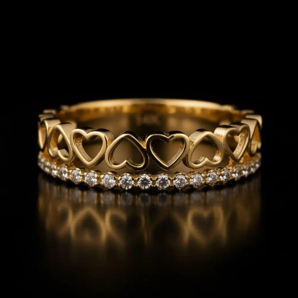 14K Solid Gold Heart Ring Simulated Diamond Half Eternity Band