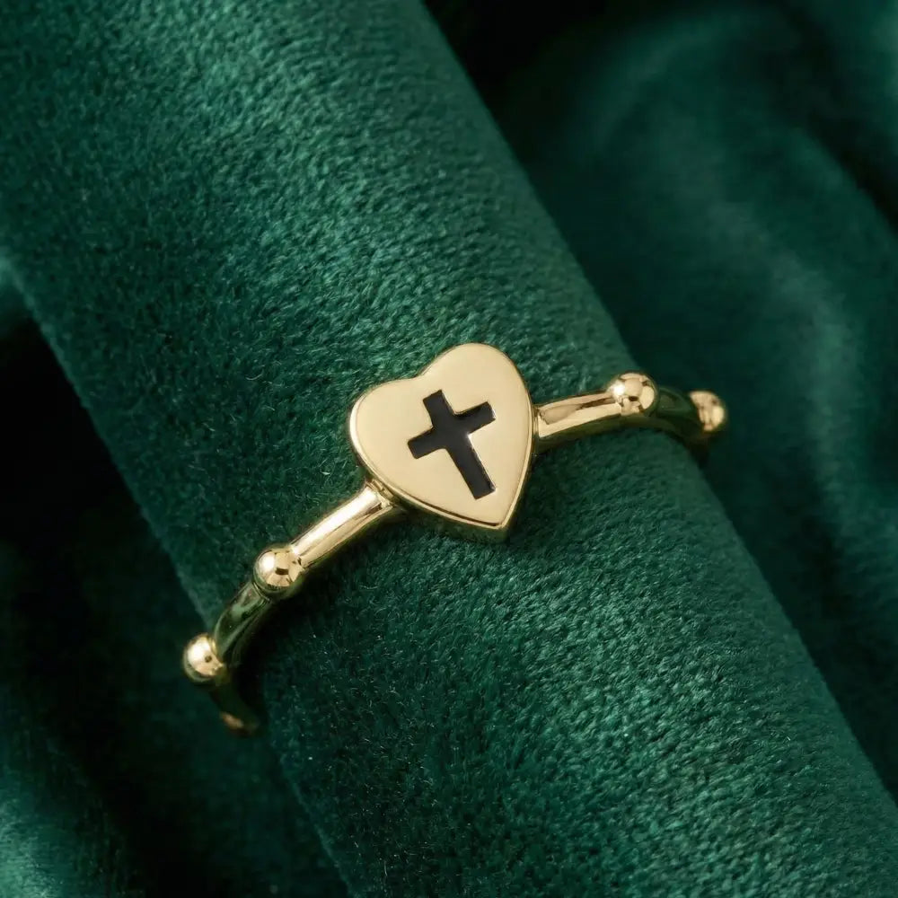 14K Solid Gold Heart Ring with Black Cross Handmade Faith Jewelry Adjustable Band