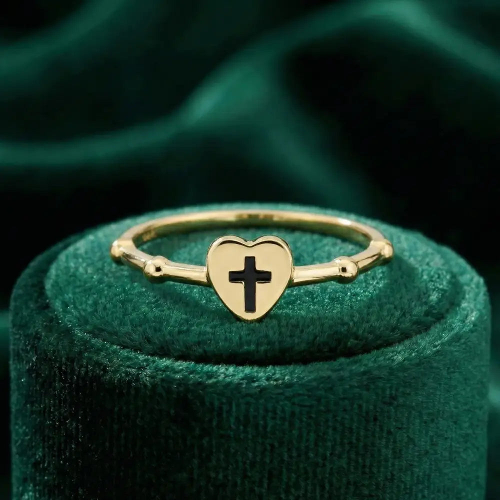 14K Solid Gold Heart Ring with Black Cross Handmade Faith Jewelry Adjustable Band