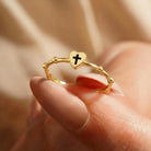 14K Solid Gold Heart Ring with Black Cross Handmade Faith Jewelry Adjustable Band