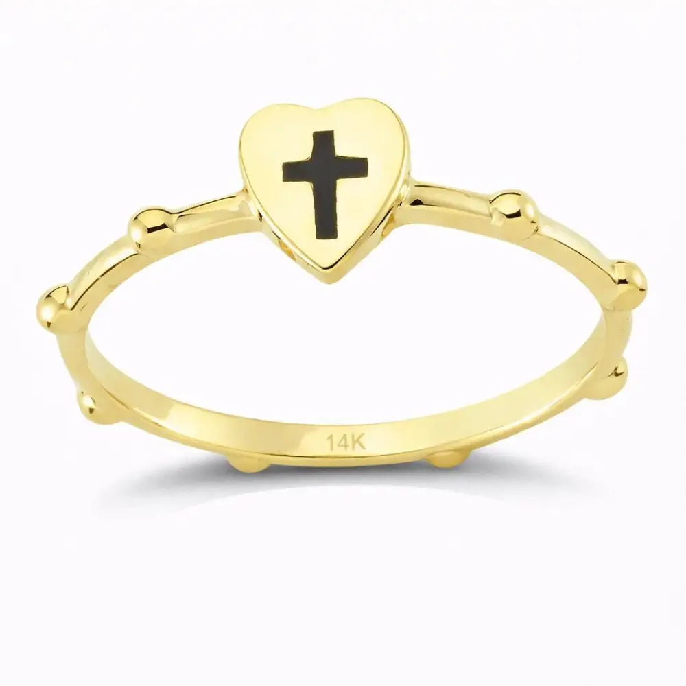 14K Solid Gold Heart Ring with Black Cross Handmade Faith Jewelry Adjustable Band