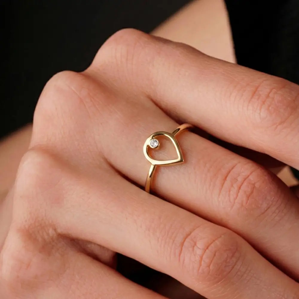 14K Solid Gold Heart Ring with Diamond Handmade Minimalist Love Design for Women