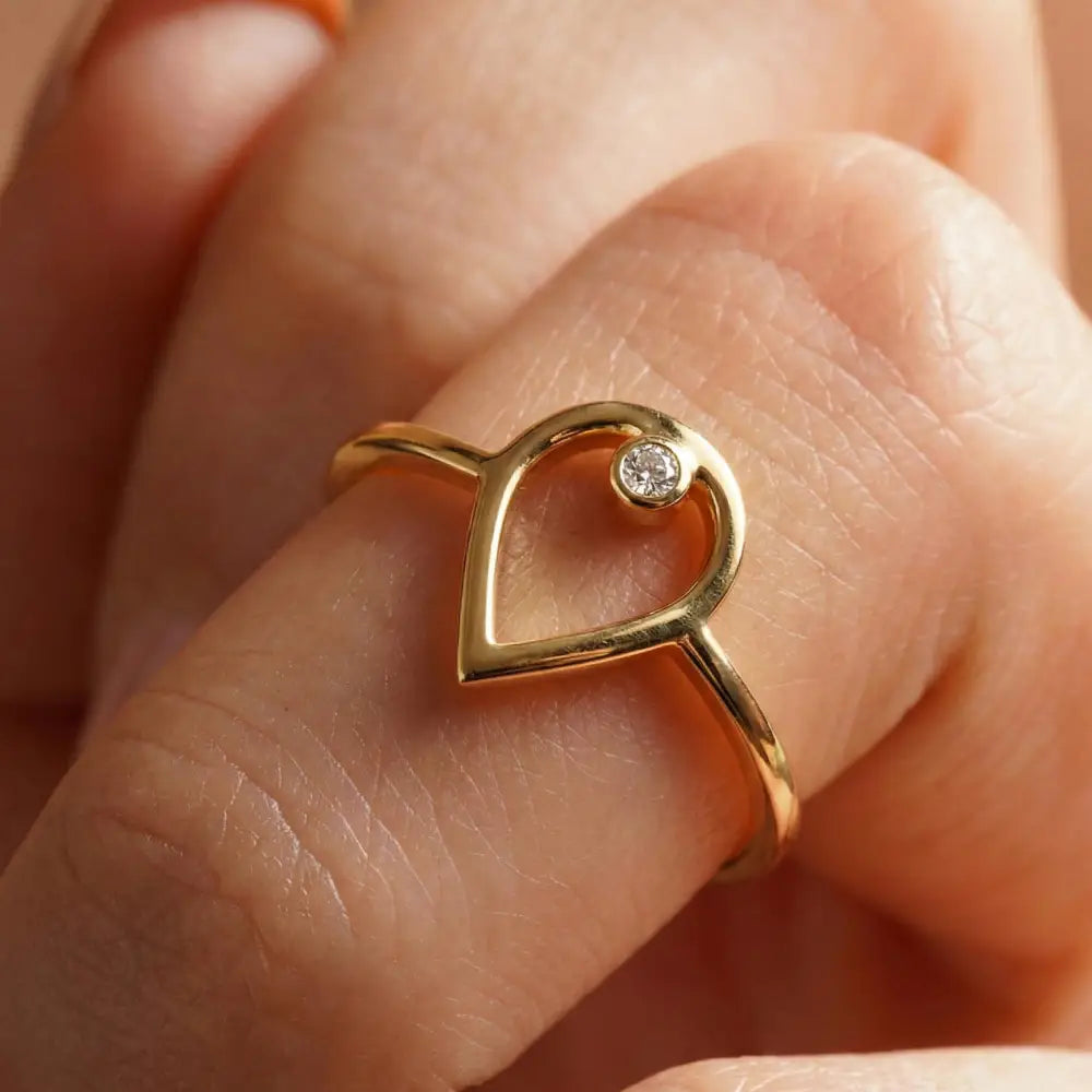 14K Solid Gold Heart Ring with Diamond Handmade Minimalist Love Design for Women