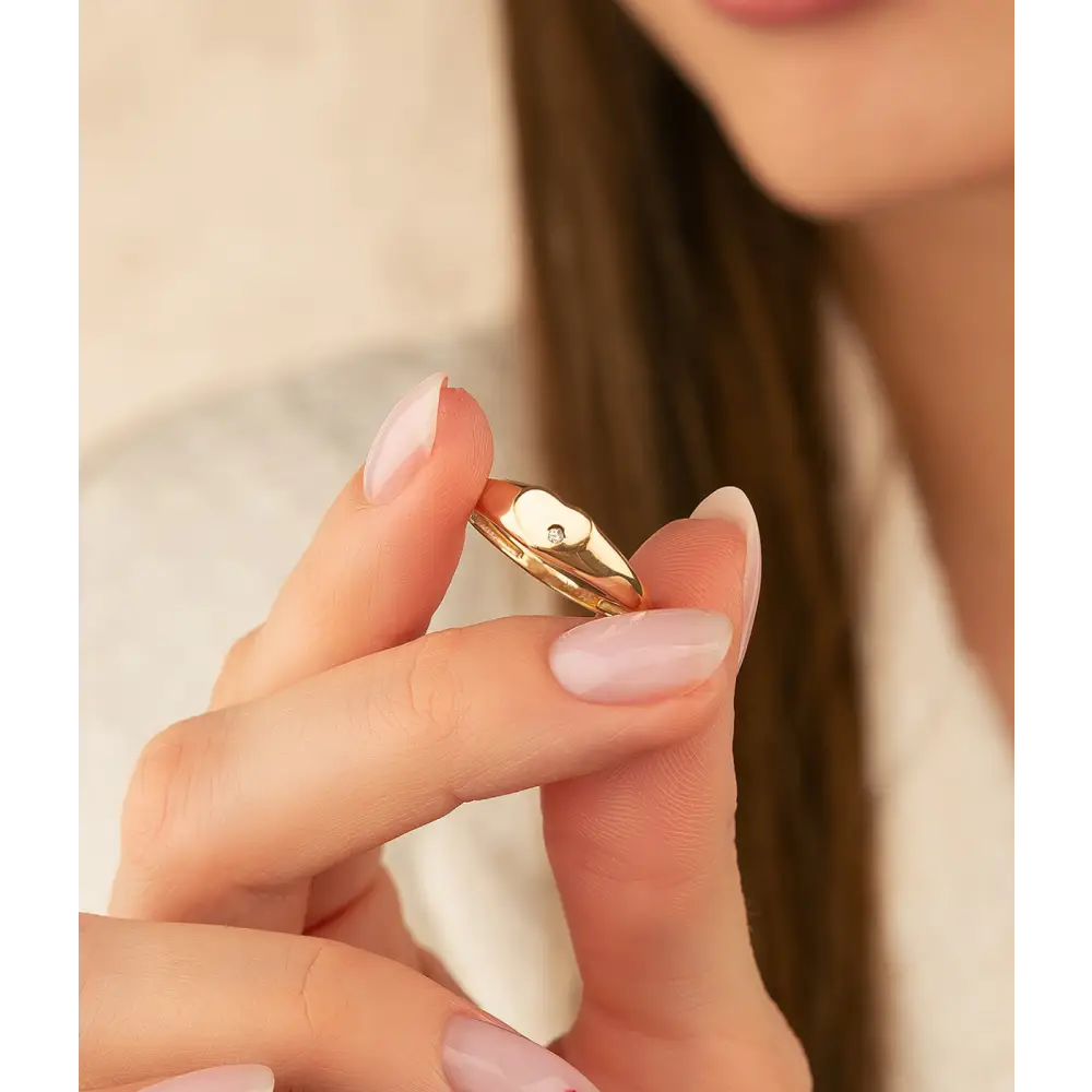 14K Solid Gold Heart Signet Ring Cubic Zirconia - Rings