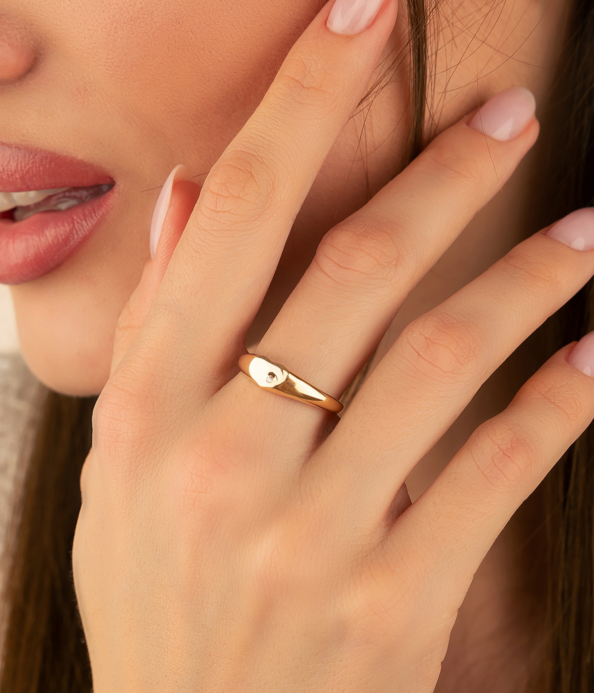 14K Solid Gold Heart Signet Ring Cubic Zirconia - Rings