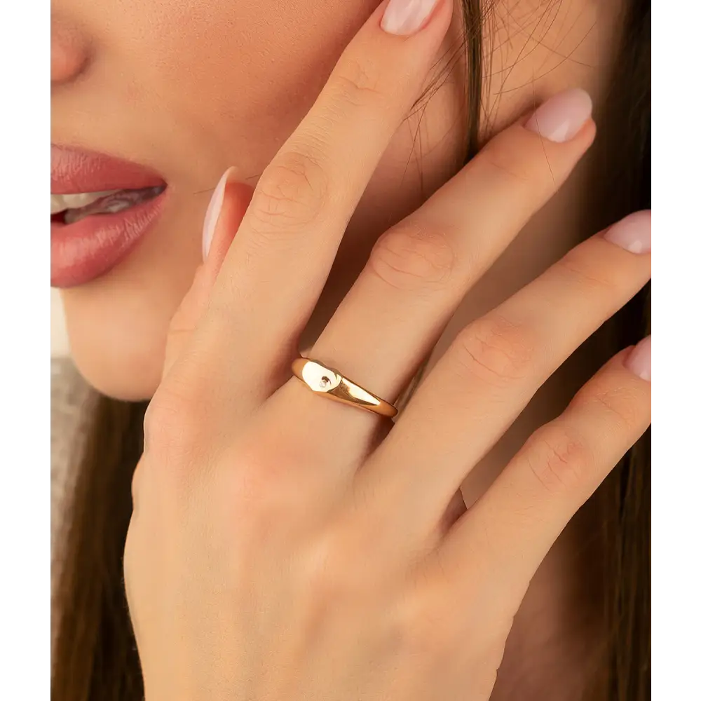14K Solid Gold Heart Signet Ring Cubic Zirconia - Rings