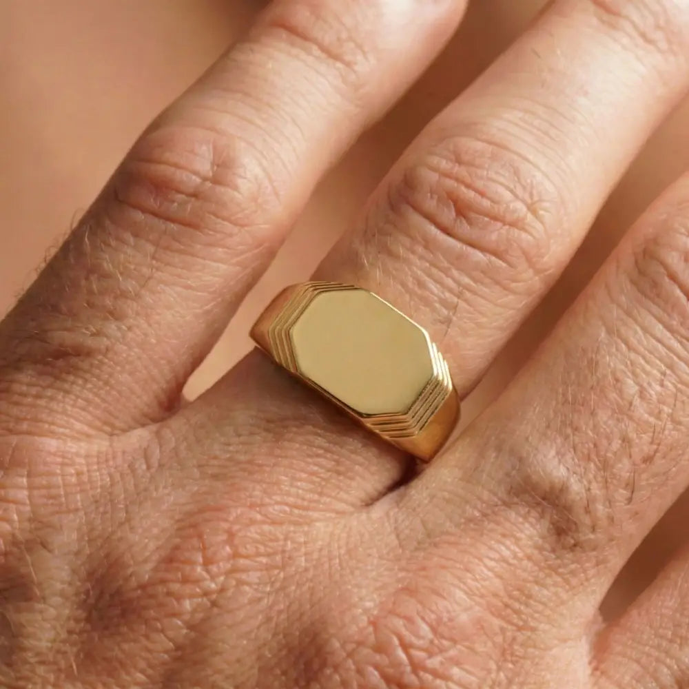 14K Solid Gold Hexagon Signet Ring for Men Classic Yellow Geometric Statement Band Mens Pinky Ring Minimalist Jewelry