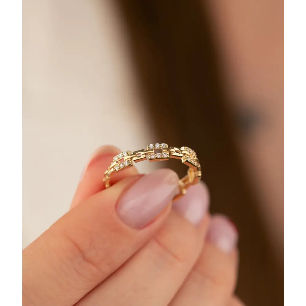 14K Solid Gold Hinged Segment with CZ Pave Square Links Ring - Rings