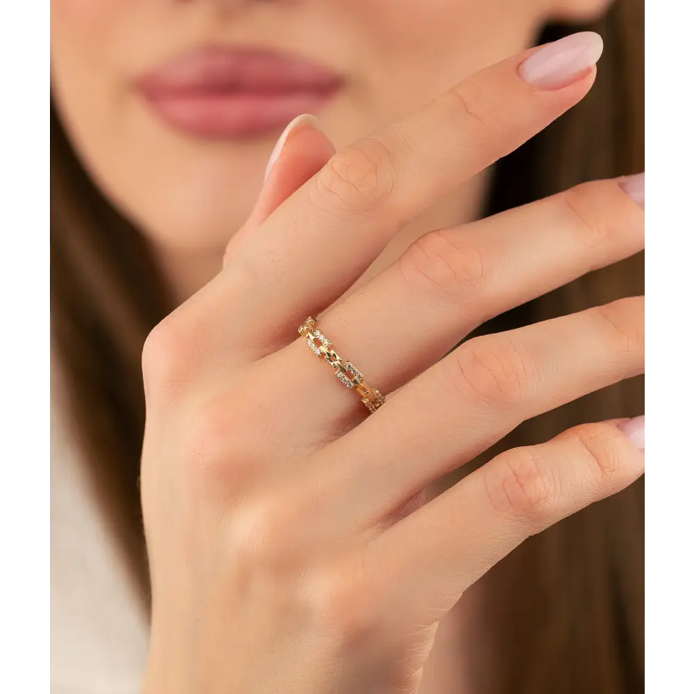 14K Solid Gold Hinged Segment with CZ Pave Square Links Ring - Rings