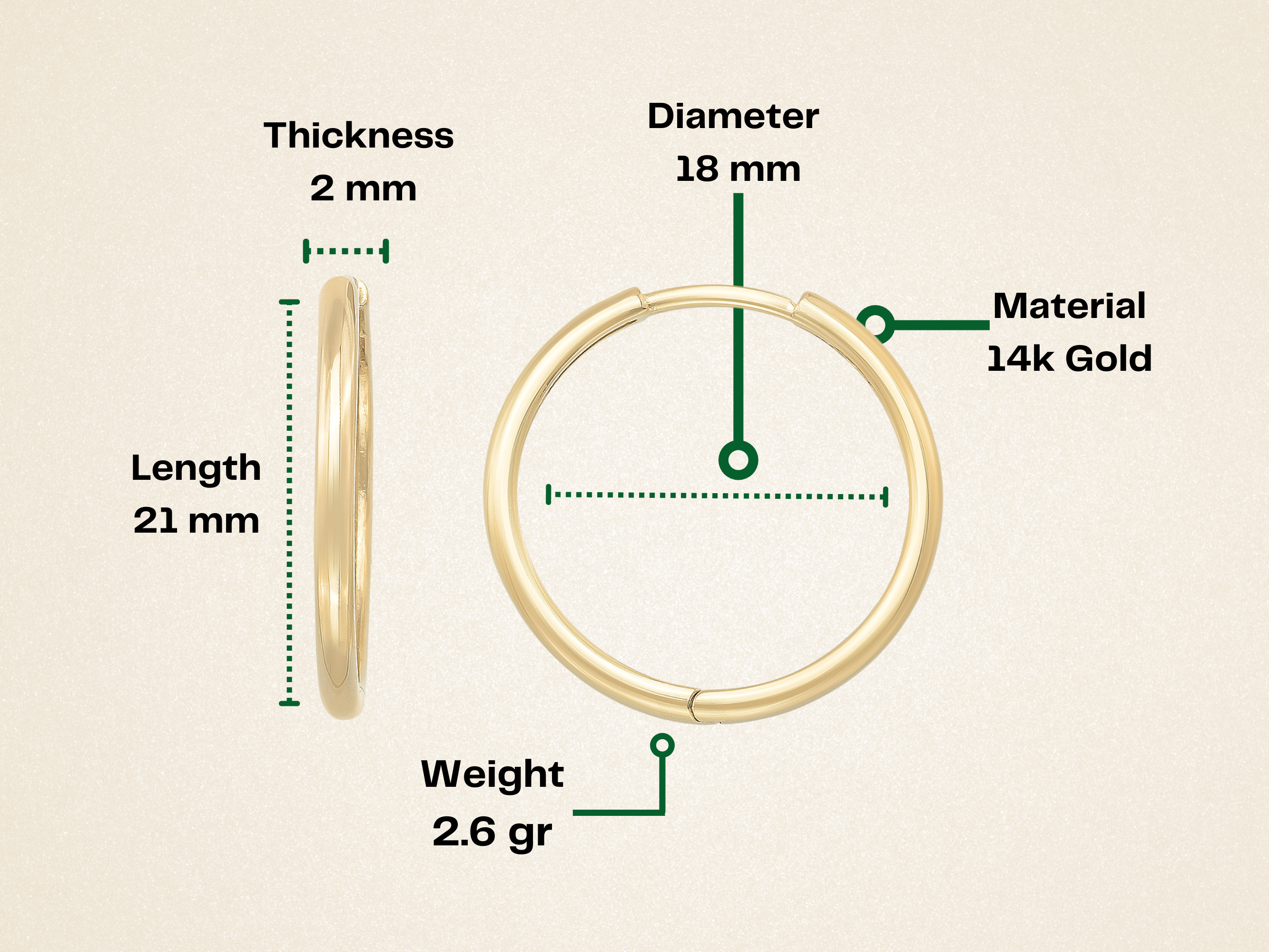 14K Solid Gold Hoop Huggie Earrings | 21mm Everyday Stacking Hoops for Women | Set of 2 - Hoop Earrings