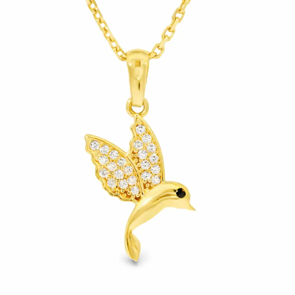 14K Solid Gold Hummingbird Necklace Crystal Pave Bird Pendant Nature Inspired Jewelry Good Luck Charm Mother’s Day Gift