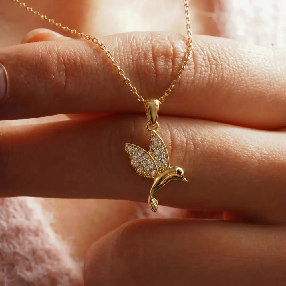 14K Solid Gold Hummingbird Necklace Crystal Pave Bird Pendant Nature Inspired Jewelry Good Luck Charm Mother’s Day Gift