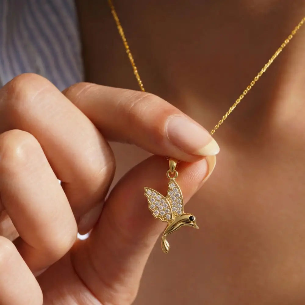 14K Solid Gold Hummingbird Necklace Crystal Pave Bird Pendant Nature Inspired Jewelry Good Luck Charm Mother’s Day Gift