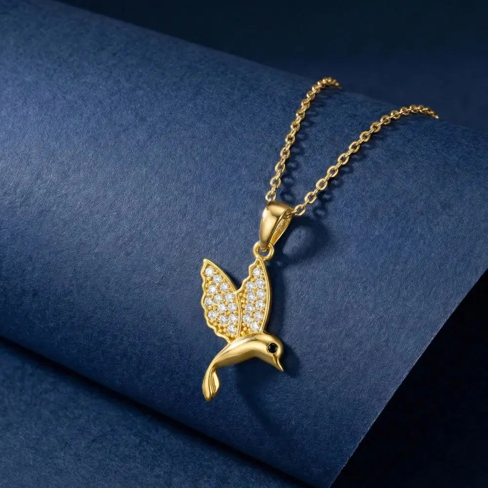 14K Solid Gold Hummingbird Necklace Crystal Pave Bird Pendant Nature Inspired Jewelry Good Luck Charm Mother’s Day Gift