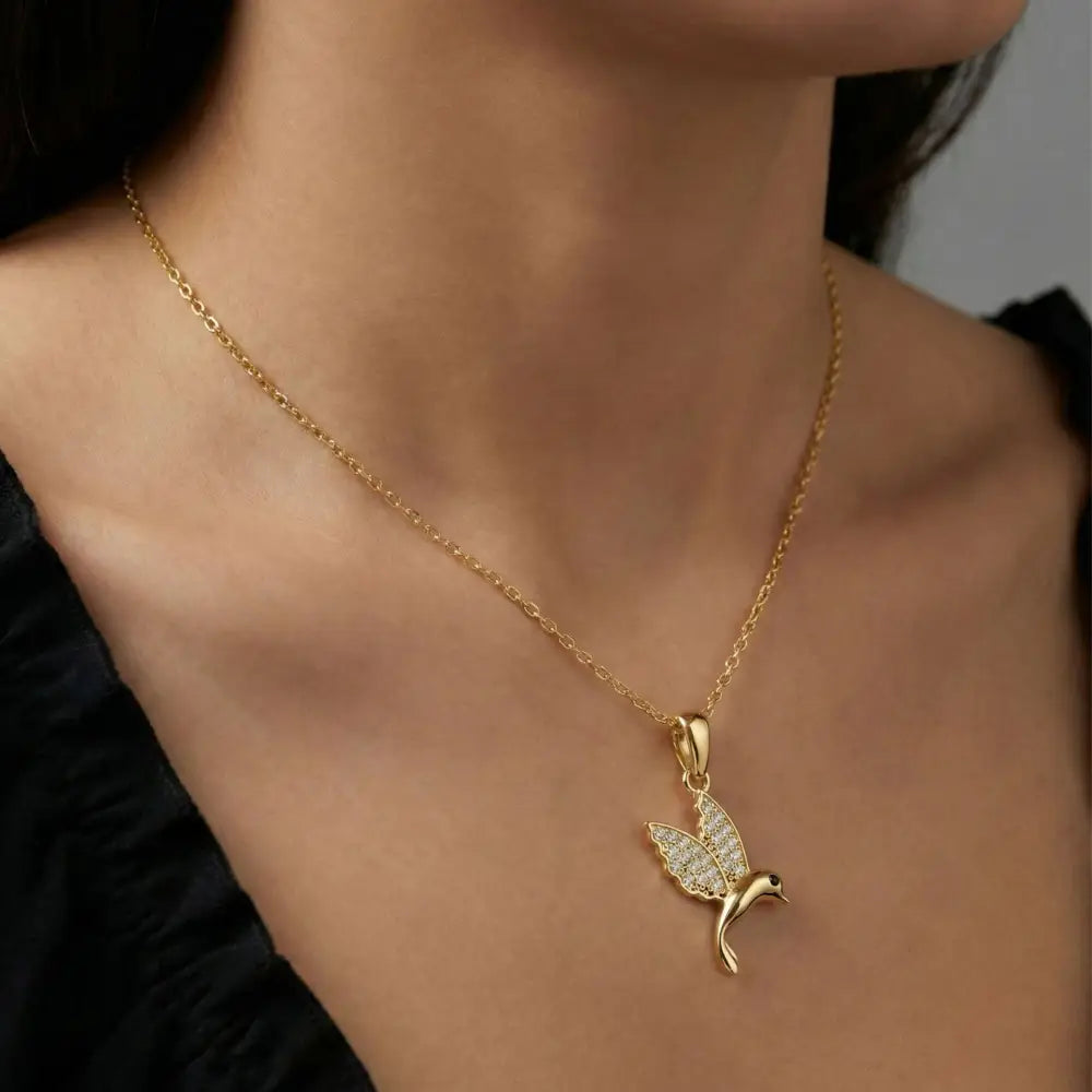 14K Solid Gold Hummingbird Necklace Crystal Pave Bird Pendant Nature Inspired Jewelry Good Luck Charm Mother’s Day Gift