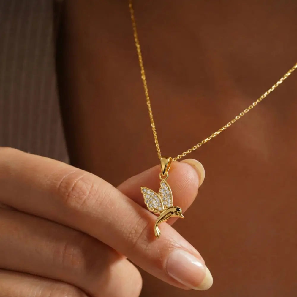 14K Solid Gold Hummingbird Necklace Crystal Pave Bird Pendant Nature Inspired Jewelry Good Luck Charm Mother’s Day Gift