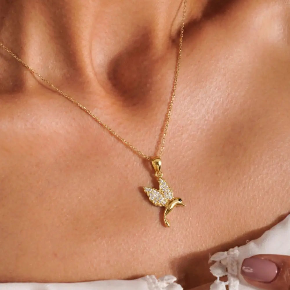 14K Solid Gold Hummingbird Necklace Crystal Pave Bird Pendant Nature Inspired Jewelry Good Luck Charm Mother’s Day Gift