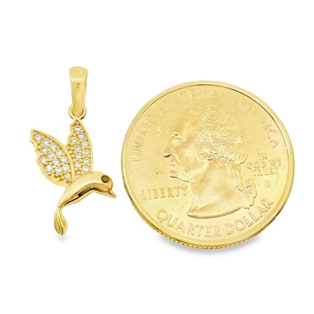 14K Solid Gold Hummingbird Necklace Crystal Pave Bird Pendant Nature Inspired Jewelry Good Luck Charm Mother’s Day Gift