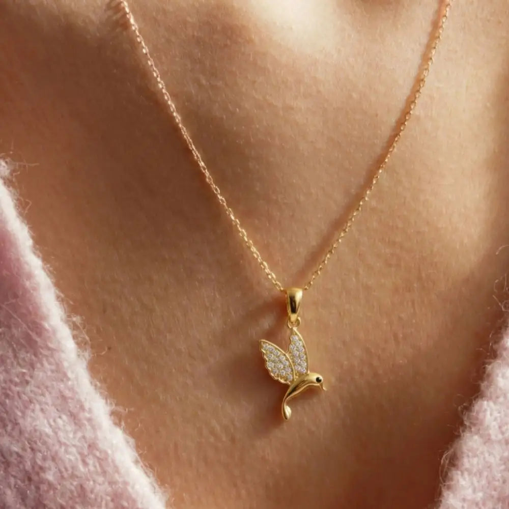 14K Solid Gold Hummingbird Necklace Crystal Pave Bird Pendant Nature Inspired Jewelry Good Luck Charm Mother’s Day Gift