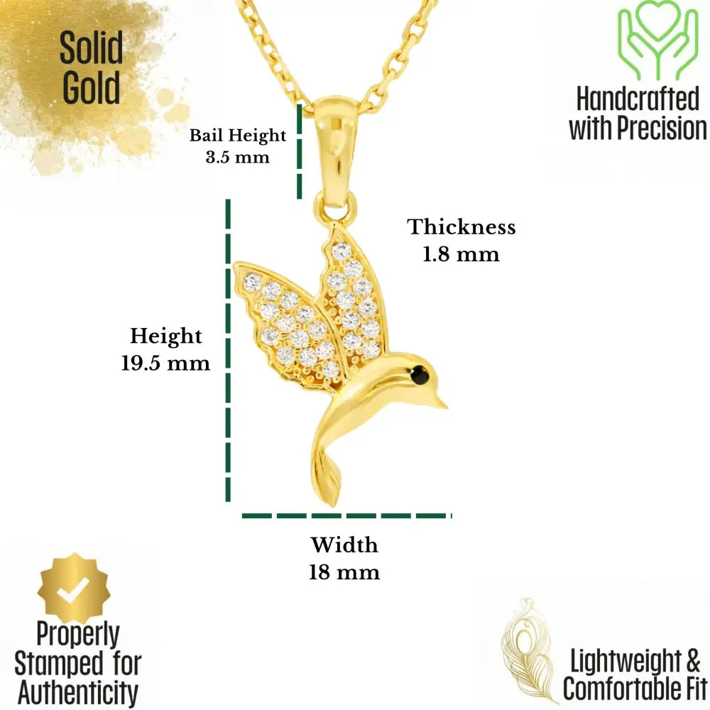 14K Solid Gold Hummingbird Necklace Crystal Pave Bird Pendant Nature Inspired Jewelry Good Luck Charm Mother’s Day Gift