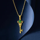 14K Solid Gold Key Necklace Green Emerald Cz Pendant With Heart Design Handmade Jewelry - Jewelry