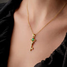 14K Solid Gold Key Necklace Green Emerald Cz Pendant With Heart Design Handmade Jewelry - Jewelry