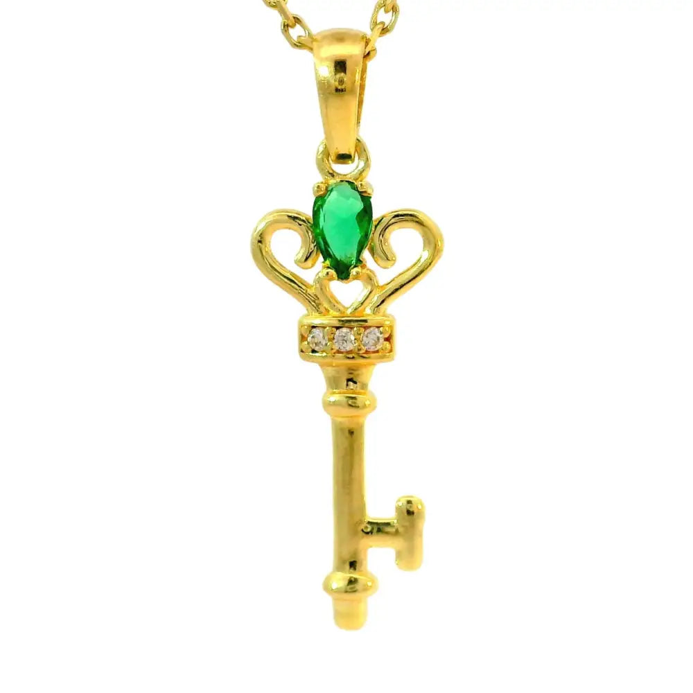 14K Solid Gold Key Necklace Green Emerald Cz Pendant With Heart Design Handmade Jewelry - Jewelry