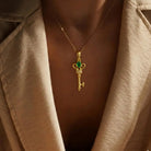14K Solid Gold Key Necklace Green Emerald Cz Pendant With Heart Design Handmade Jewelry - Jewelry