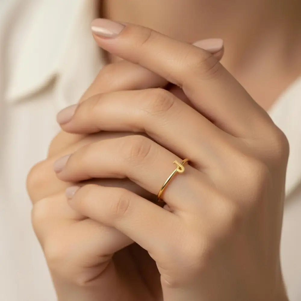 14K Solid Gold Letter J Ring Initial Jewelry for Women