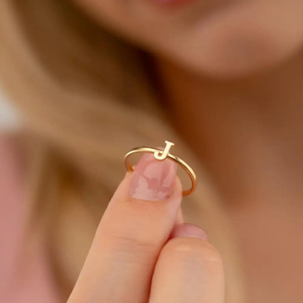 14K Solid Gold Letter J Ring Initial Jewelry for Women
