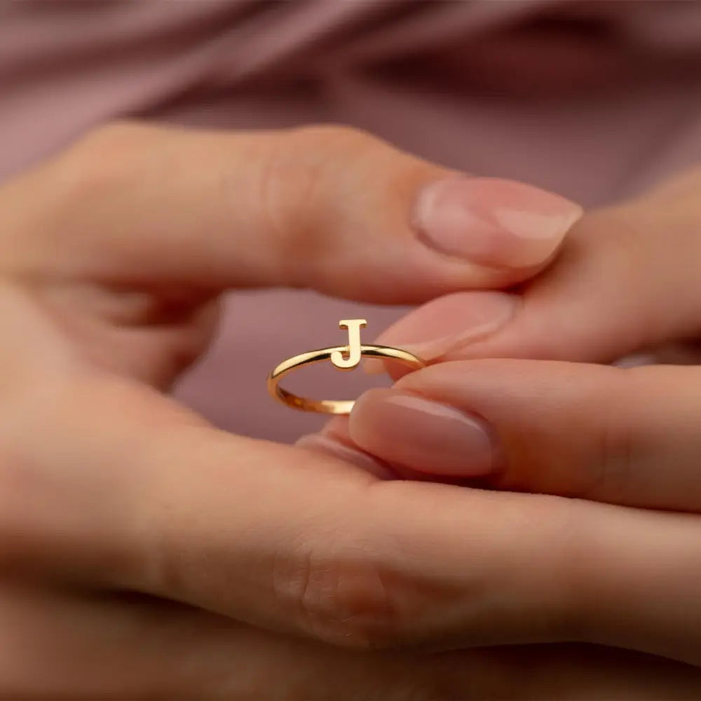 14K Solid Gold Letter J Ring Initial Jewelry for Women
