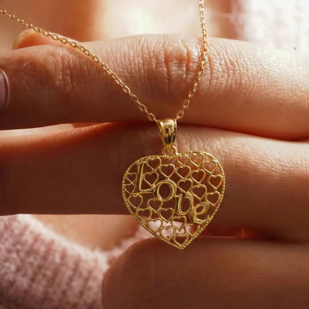 14K Solid Gold Love Necklace Intricate Filigree Heart Pendant for Her Romantic Anniversary Gift Vintage Style Jewelry