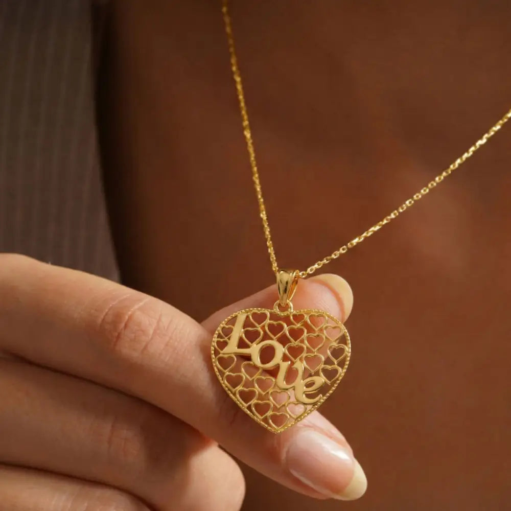 14K Solid Gold Love Necklace Intricate Filigree Heart Pendant for Her Romantic Anniversary Gift Vintage Style Jewelry