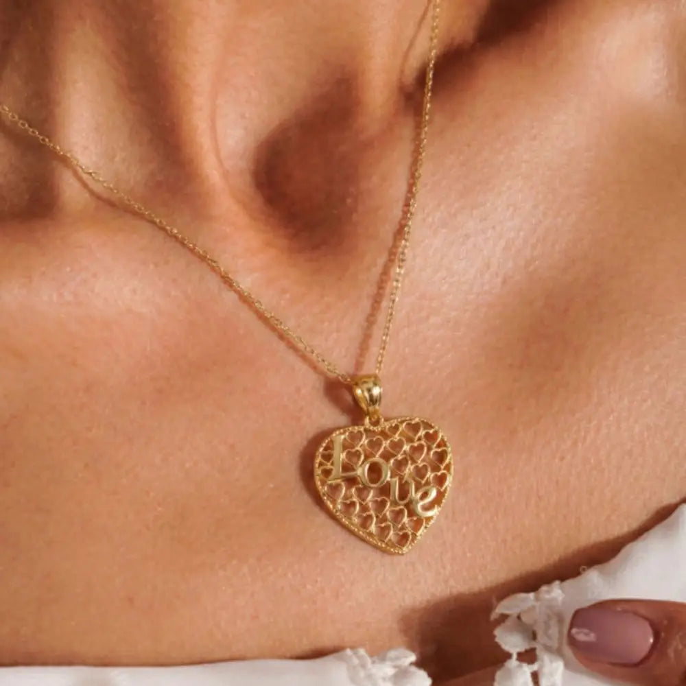 14K Solid Gold Love Necklace Intricate Filigree Heart Pendant for Her Romantic Anniversary Gift Vintage Style Jewelry