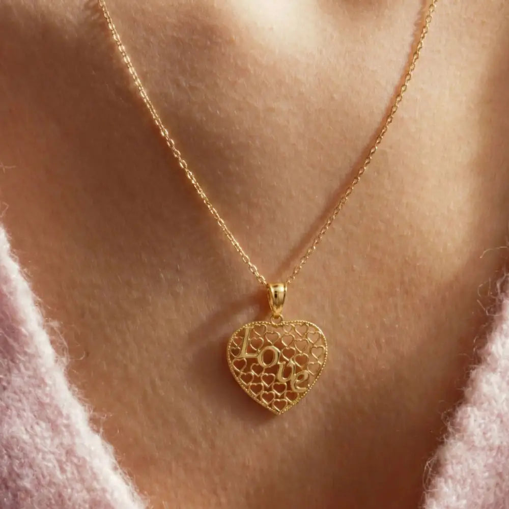 14K Solid Gold Love Necklace Intricate Filigree Heart Pendant for Her Romantic Anniversary Gift Vintage Style Jewelry