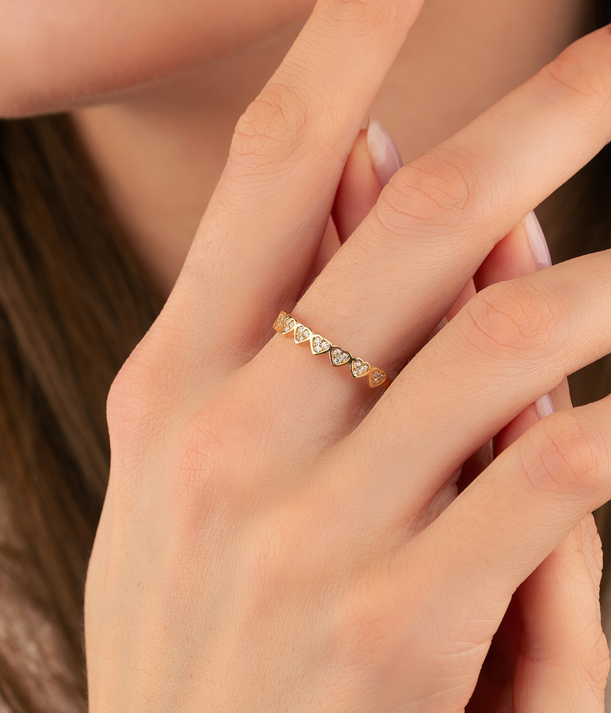 14K Solid Gold Multiple Heart CZ Stoned Ring - Rings