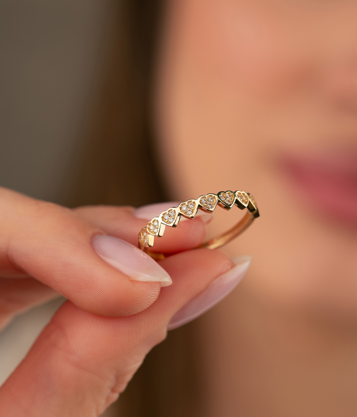 14K Solid Gold Multiple Heart CZ Stoned Ring - Rings